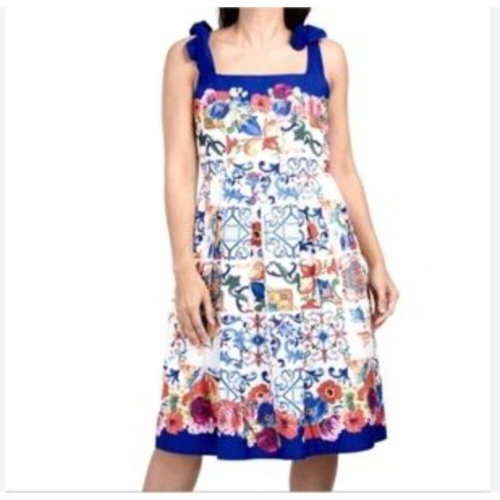Dalia MacPhee Dress Womens M Blue White Floral Tie Strap Sundress Party Wedding